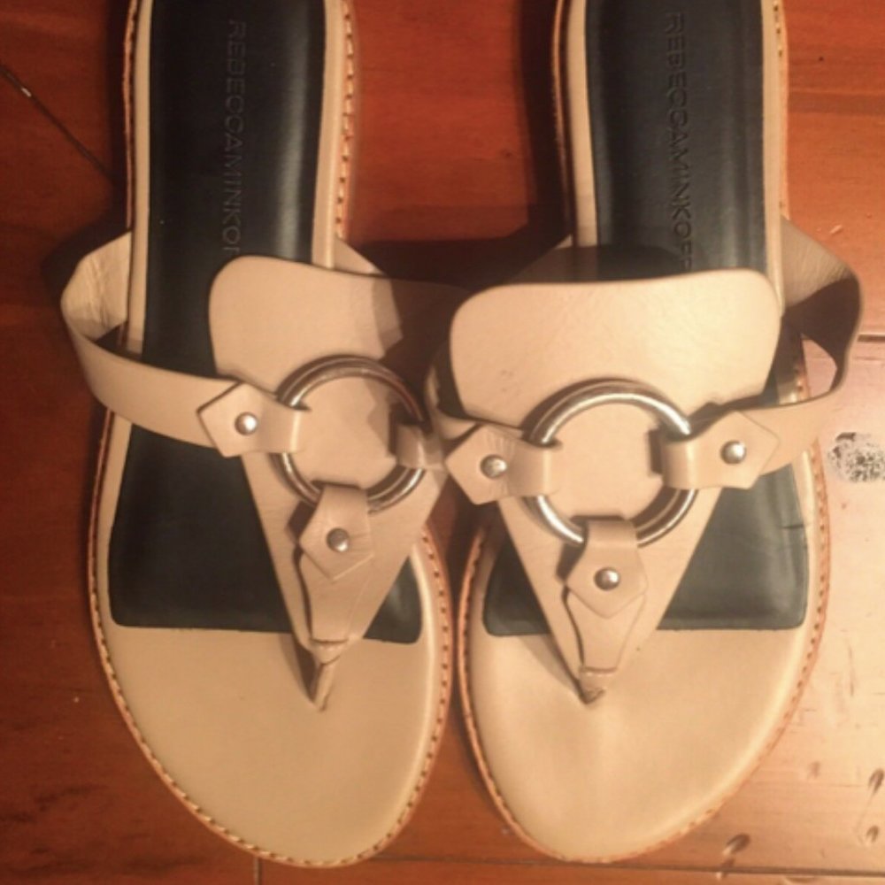 Rebecca Minkoff Sheena T-strap Beige O-Ring Slides - Picture 5 of 8